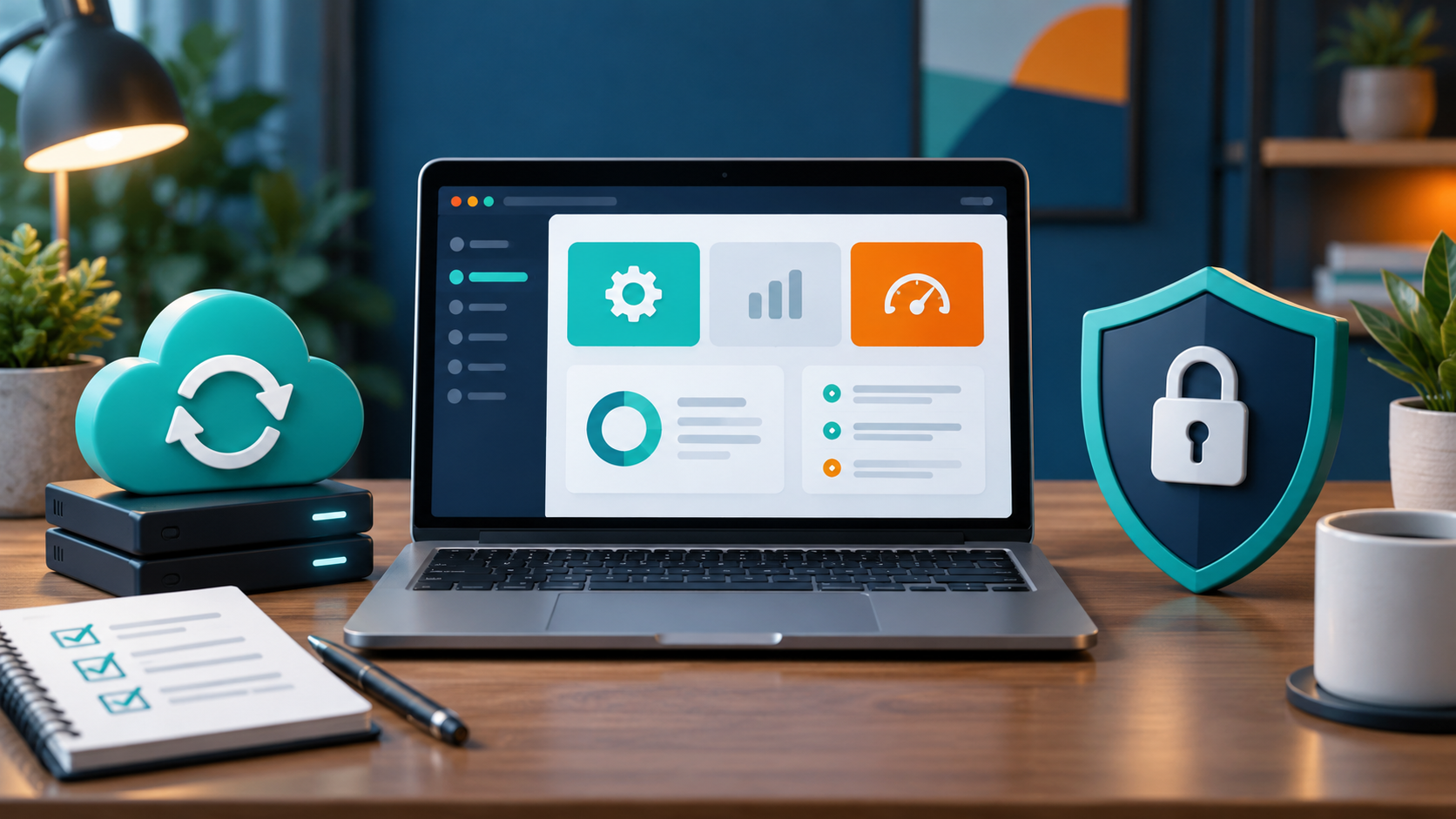 Ilustración de copias de seguridad, revisión y protección de una web